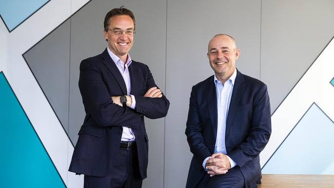 Liberty CEO James Boyle (right) and CFO Peter Riedel on Tuesday ahead of the lender’s ASX trading debut. Picture: Aaron Francis/The Australian