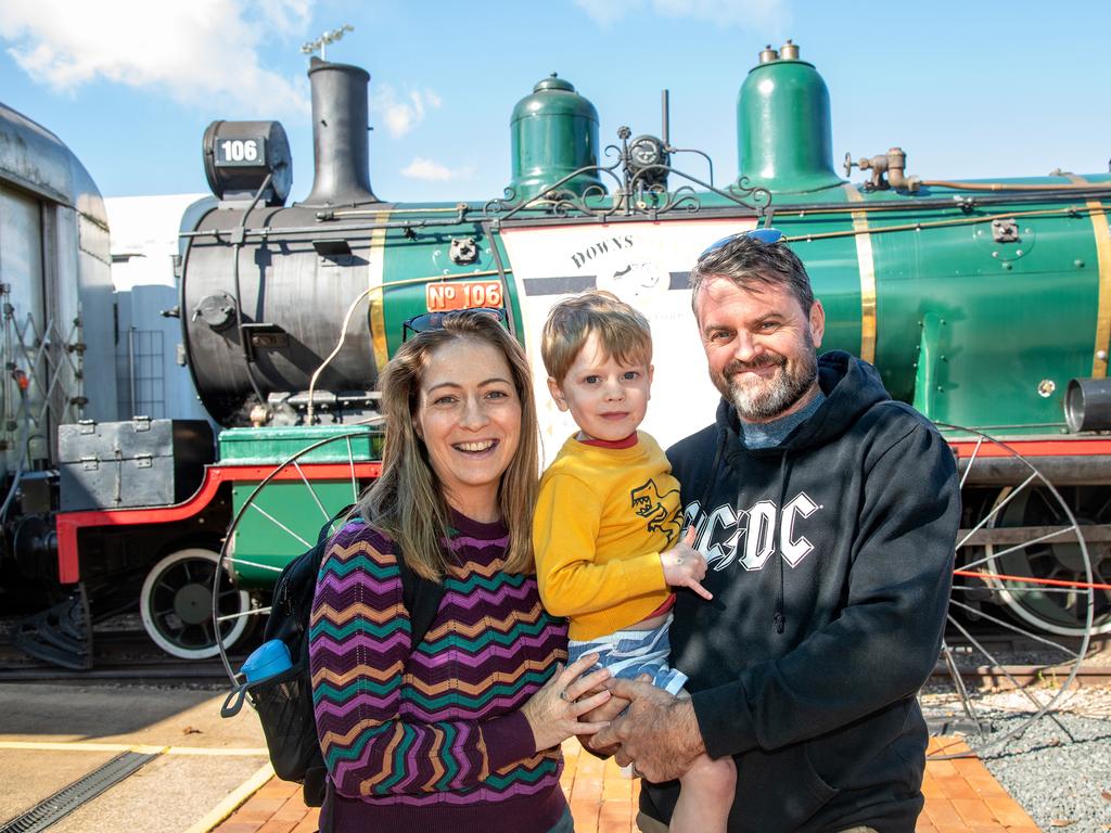 Passengers on the "Pride of Toowoomba" at Drayton Station, Rachel, Sebastian, and Travis Geier. Saturday May 18th, 2024 Picture: Bev Lacey