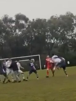 The wild brawl saw the benches clear and skirmishes break out around Moomba Park in Fawkner on Saturday. Photo: Supplied