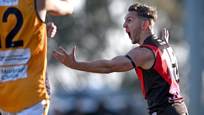 Pascoe ValeÃs Adam Figliola celebrates a goal during the EDFL Pascoe Vale v Strathmore football match in Greenvale, Saturday, Aug. 31, 2024. Picture: Andy Brownbill