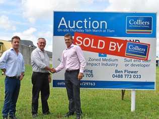 Pictured: Nutworks managing director Keith Ryan, centre, on site at Lot 12, Pioneer Rd, with Collier's International's Ben Flower and Nick Dowling at Yandina. Picture: Picasa