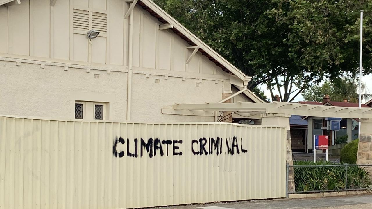 Vandals tagged the property with the words “climate criminal” multiple times. Picture: Supplied