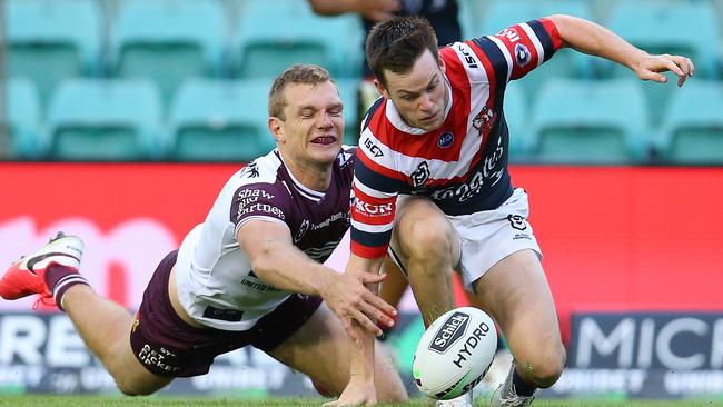 Tom Trbojevic’s effort to deny Luke Keary was superb. Picture: Jason McCawley/Getty Images