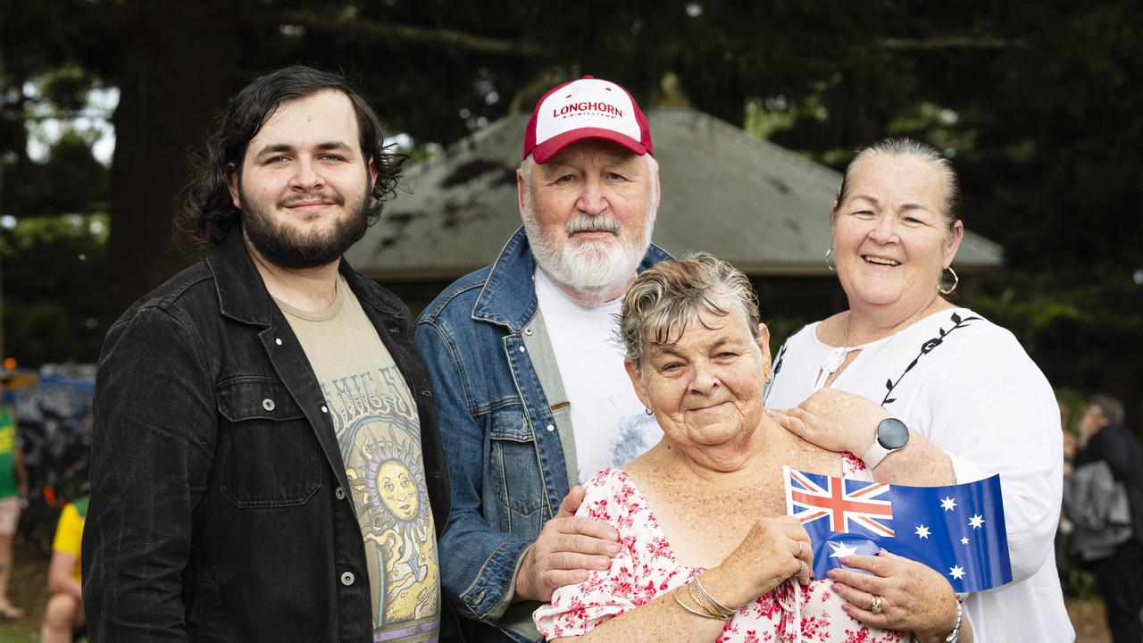 Toowoomba Citizen of the Year award recipient Sue Waters with family (from left) Ruben Sellar, Gordon Waters and Jemima Sellar after the Toowoomba Australia Day celebrations at Picnic Point, Sunday, January 26, 2025. Picture: Kevin Farmer