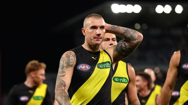 Richmond’s Dustin Martin after the Tigers’ loss in Round 13 this year — only their second trip to Kardinia Park since 2012. Picture: Graham Denholm/Getty Images.