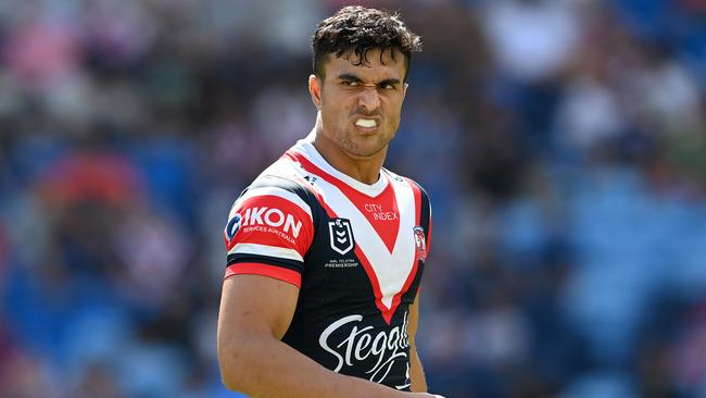 Joseph Suaalii has been put on report for a late tackle in the Roosters clash against the Warriors. Credit: NRL Images.