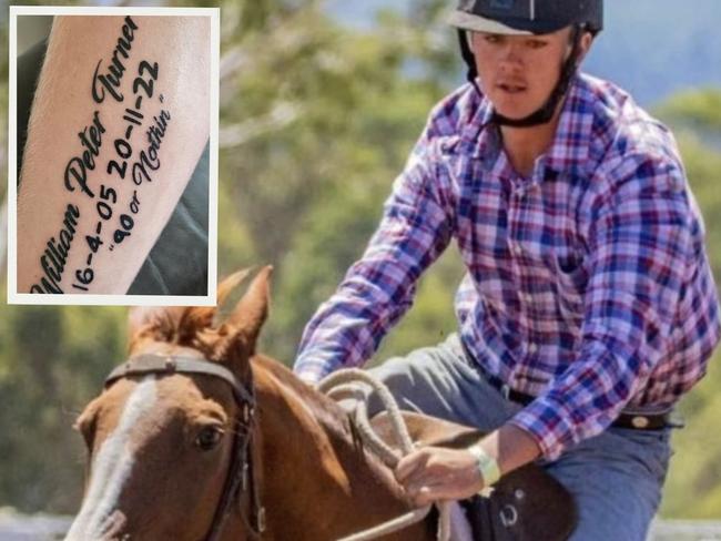 Young campdrafter William Turner, from Texas, was killed following a tragic accident on the Cunningham Highway, at Gladfield. Inset a tattoo tribute from a friend Lane Eastwell.