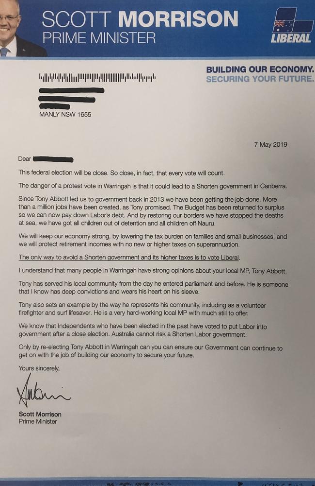 The letter sent out to Warringah voters