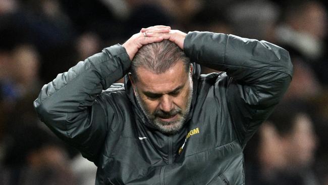 LONDON, ENGLAND - DECEMBER 08: Ange Postecoglou, Manager of Tottenham Hotspur, reacts during the Premier League match between Tottenham Hotspur FC and Chelsea FC at Tottenham Hotspur Stadium on December 08, 2024 in London, England. (Photo by Justin Setterfield/Getty Images)