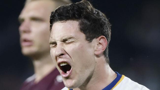 SUNSHINE COAST, AUSTRALIA - AUGUST 14: Mitchell Moses of the Eels reacts after fumbling the ball during the round 22 NRL match between the Manly Sea Eagles and the Parramatta Eels at Sunshine Coast Stadium, on August 14, 2021, in Sunshine Coast, Australia. (Photo by Glenn Hunt/Getty Images)