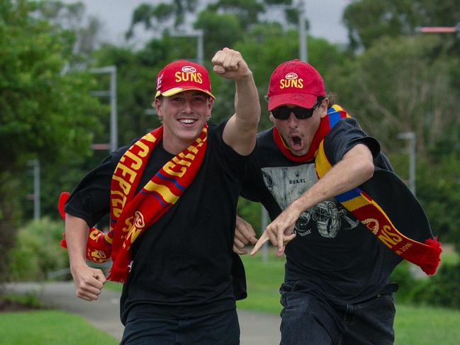 All the way from WA and running late are Suns fans Genjii Annert and Nash Margaria before the Suns V Freo at People First Stadium Cararra. Picture: Glenn Campbell