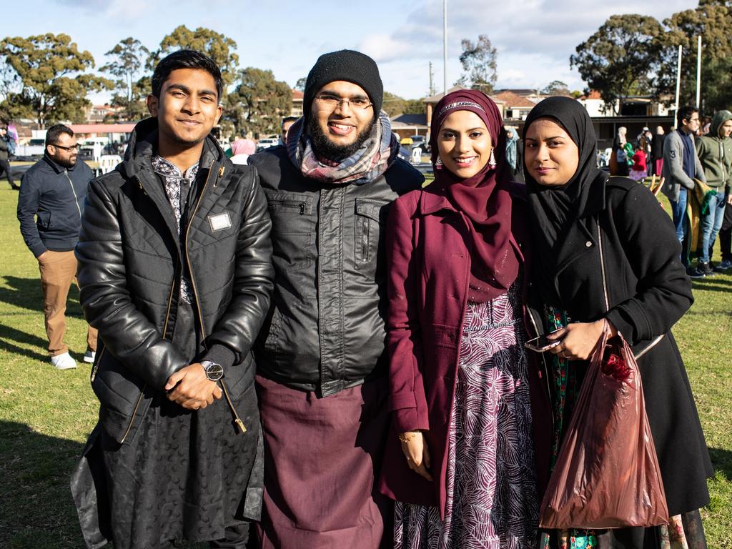 Taseen Hassan, 21, Wasif Hassan, 26, Afia Zabin, 24, and Bidora Zabin, 22, all of Wiley Park enjoy Eid al-Adha at Roberts Park, Greenacre. Picture: Julian Andrews. Photos can be purchased at newsphotos.com.au