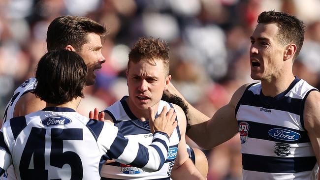 MELBOURNE, SEPTEMBER 24, 2022: 2022 AFL Grand Final between the Geelong Cats and Sydney Swans at the MCG. Mitch Duncan of the Geelong Cats celebrates a goal. Picture: Mark Stewart