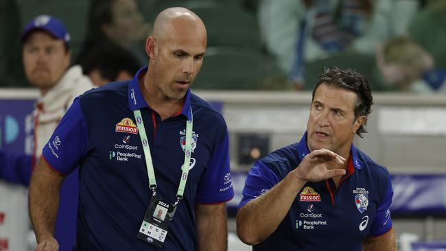 Luke Beveridge (right) with Matthew Egan. Picture: Michael Klein