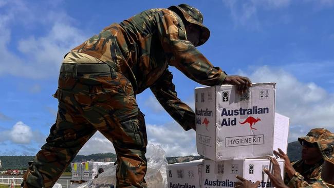 Stores are loaded on to a Royal Australian Air Force C-17A Globemaster III bound for Vanuatu from RAAF Base Amberley, Queensland. Picture: ADF