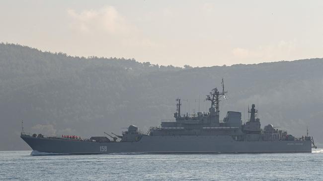 Russian warship BSF Tsezar Kunikov 158 sails through the Bosphorus Strait on its way to the Black Sea. Picture: AFP