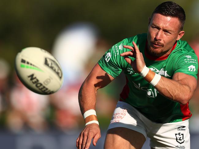 MUDGEE, AUSTRALIA - FEBRUARY 27: Damien Cook of the Rabbitohs warms up before the Charity Shield & NRL Trial Match between the South Sydney Rabbitohs and the St George Illawarra Dragons at Glen Willow Regional Sports Stadium on February 27, 2021 in Mudgee, Australia. (Photo by Mark Metcalfe/Getty Images)