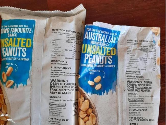 Coles have stopped using Aussie grown peanuts from Queensland in its packets of unsalted peanuts, and replaced them with nuts that are packed and imported from Vietnam. Picture: Reddit