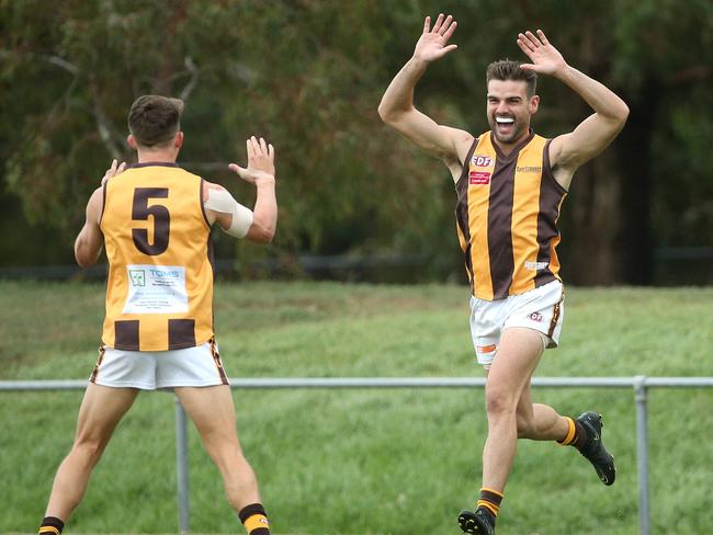 EDFL Footy: Keilor Park v Hadfield: Andrew Budge of Hadfield celebrates a goalSaturday, April 2, 2022, in Keilor Park, Victoria, Australia. Picture: Hamish Blair