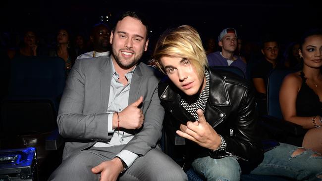 Scooter Braun and Justin Bieber attend the 2015 MTV Video Music Awards at Microsoft Theater on August 30, 2015 in Los Angeles, California. Picture: Kevin Mazur/MTV1415/WireImage