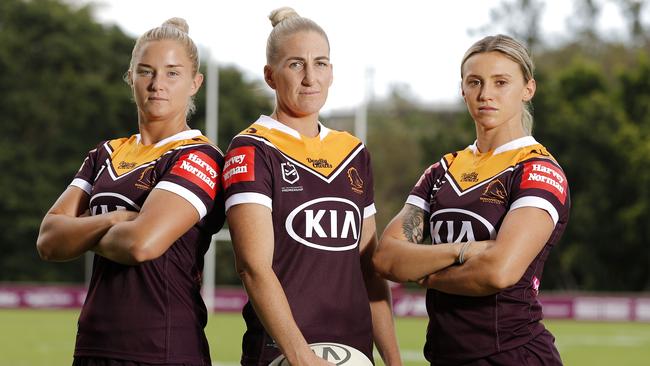 The Brisbane “Originals” – Meg Ward, Ali Brigginshaw and Julia Robinson have been with the side since their maiden NRLW premiership win in 2018 Picture: Josh Woning