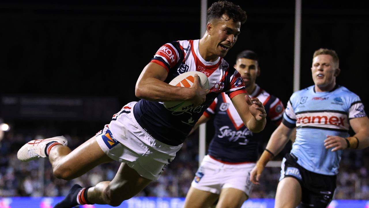 Joseph Suaalii in flight for the Roosters. Picture: Mark Metcalfe/Getty Images