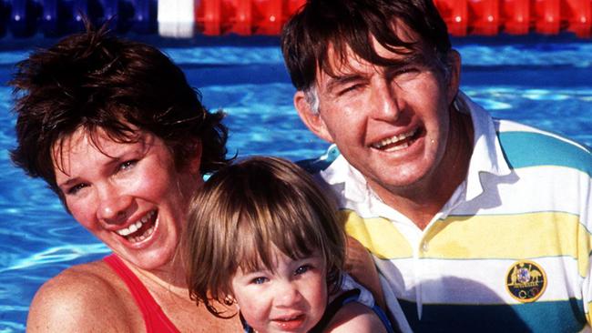 Swimming coach Laurie Lawrence with Tracey Wickham and her daughter Hannah back in 1990.
