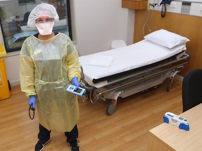 Inside the Geelong Private Hospital which has been partially converted into a COVID19 clinic. Assistant nurse unit manager Bridget (who with held her surname) inside one of the specially converted rooms. Picture: Alison Wynd **  DO NOT USE WITHOUT CONTACTING GEELONG PIC DESK