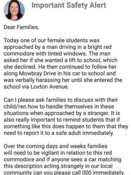 Knox Gardens Primary School principal Tracy Bancroft posted an urgent stranger danger post on Facebook to the school community.