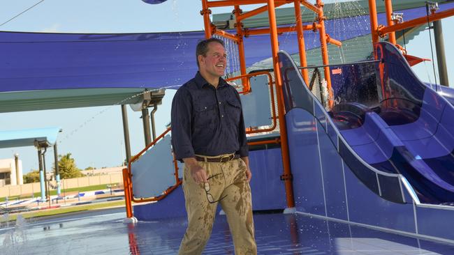 A wet Luke Gosling MP at the Casuarina Aquatic and Leisure Centre. Picture: Alex Treacy