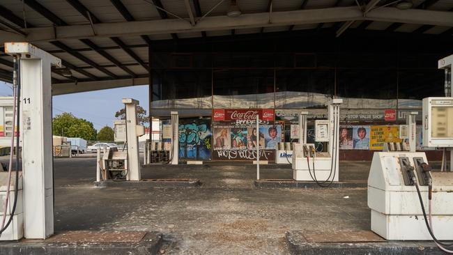 Graffiti and bird droppings adorn the deserted Skorpos petrol station site on Marion Road, Ascot Park. Picture: Matt Loxton