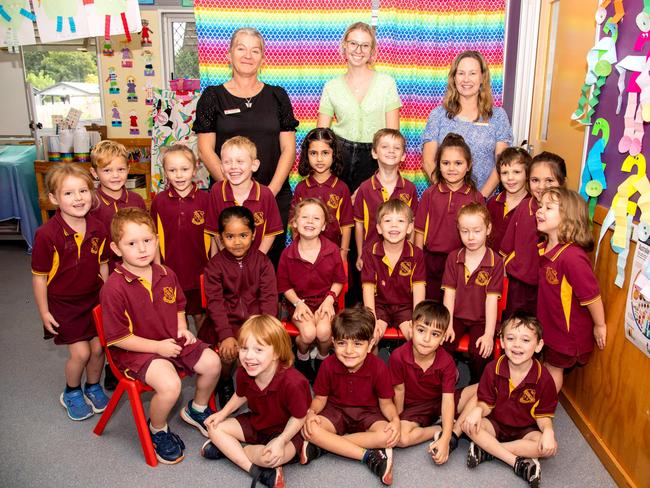 My First Year 2023: Newtown State School Prep R students with teaching staff (from left) teacher aide's Alison Essery, Morgan Edwards and teacher Michelle Rankin, March 2023. Picture: Bev Lacey