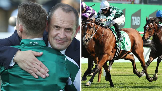 Jockey James McDonald and trainer Chris Waller embrace after Via Sistina's Group 1 Verry Elleegant Stakes victory at Royal Randwick. Pictures: Jeremy Ng / Getty Images