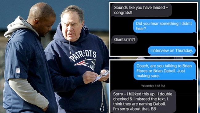 Screenshots of the claimed text exchange between Bill Belichick and Brian Flores.