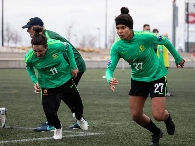 Mary Fowler (right) trains with the Matildas in the United States. Picture: Tristan Furney