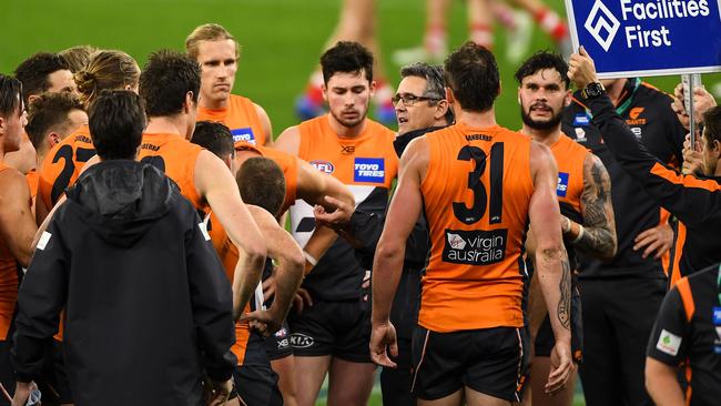 Coach Leon Cameron addresses his GWS players at three-quarter-time against Sydney. Picture: Daniel Carson/AFL Photos via Getty Images