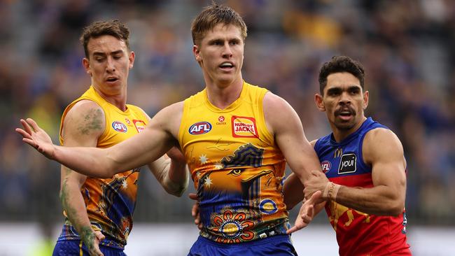 PERTH, AUSTRALIA - JULY 14: Harry Edwards of the Eagles looks on with Charlie Cameron of the Lions during the round 18 AFL match between West Coast Eagles and Brisbane Lions at Optus Stadium, on July 14, 2024, in Perth, Australia. (Photo by Paul Kane/Getty Images)