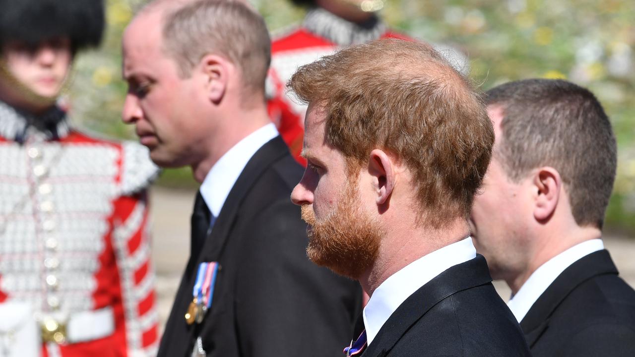 Prince William, Duke of Cambridge; Prince Harry, Duke of Sussex at the funeral of Prince Philip. Picture: Mark Large-WPA Pool/Getty Images