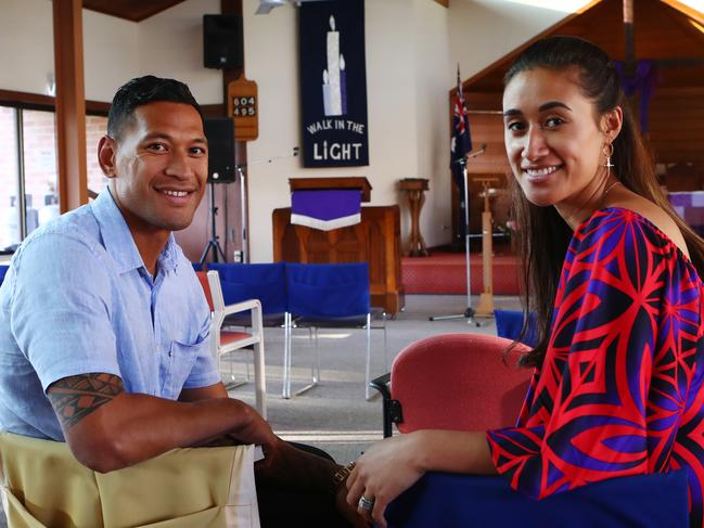 14/04/2019: Israel Folau with his wife Maria Folau at Kenthurst Uniting Church after a Sunday service. Hollie Adams/The Australian