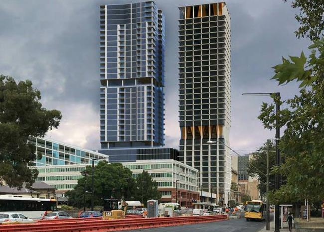 Artist’s impressions of the Adelaidean, left, and the GSA Australia student tower, on the corner of Frome Tce and North Tce.