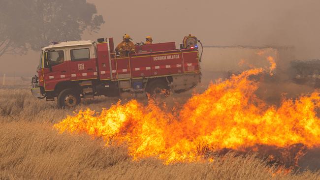 A fast moving grass fire impacts a farm, a railway line and destroys a shed and tractor just outside Rochester. Picture: Jason Edwards