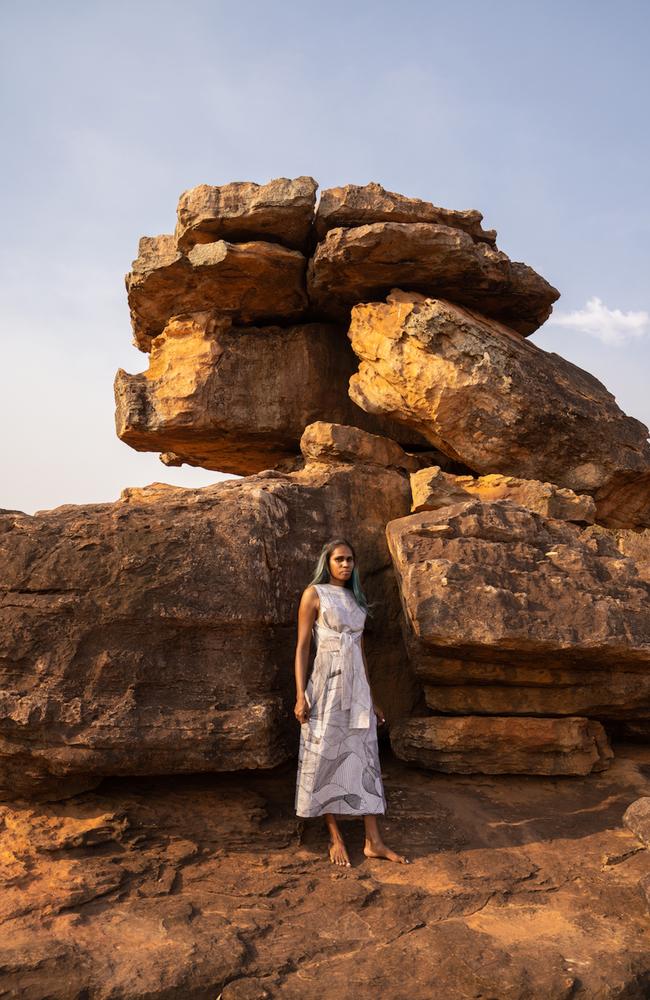 Velda Nabulwad models a dress made from Injalak fabric printed in Gunbalanya. The dress was featured at Melbourne Fashion Week. Picture: Contributed