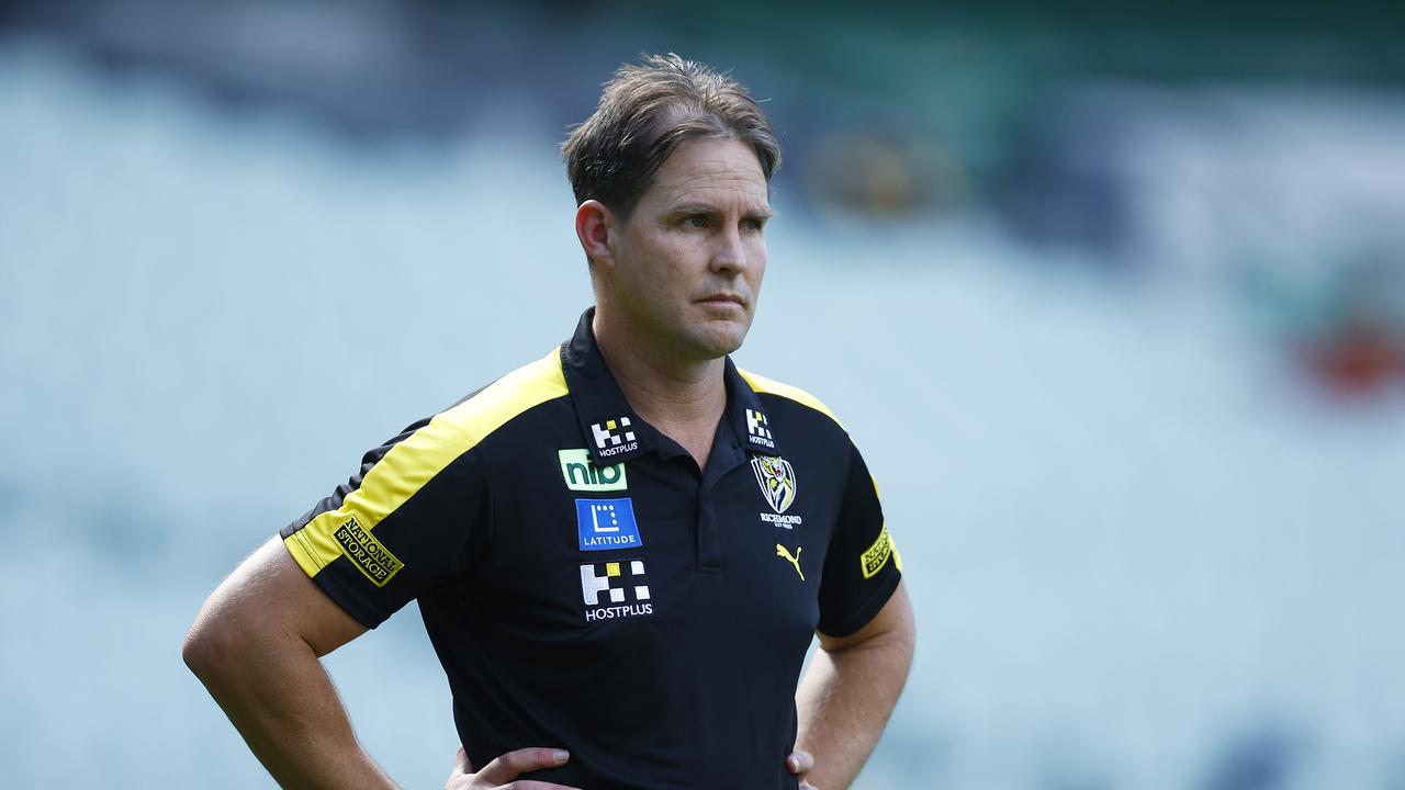 MELBOURNE, AUSTRALIA - MARCH 27: Tigers assistant coach Davie Teague looks on before the round two AFL match between the Richmond Tigers and the Greater Western Sydney Giants at Melbourne Cricket Ground on March 27, 2022 in Melbourne, Australia. (Photo by Daniel Pockett/Getty Images via AFL Photos)