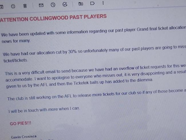 Collingwood has warned its past players they may miss out on a grand final ticket because of a 30 per cent cut in their allocation this week.