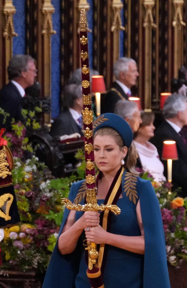 Lord President of the Council, Penny Mordaunt, carries the Sword of State ahead of the coronations of Britain's King Charles III and Britain's Queen Camilla. Picture: AFP