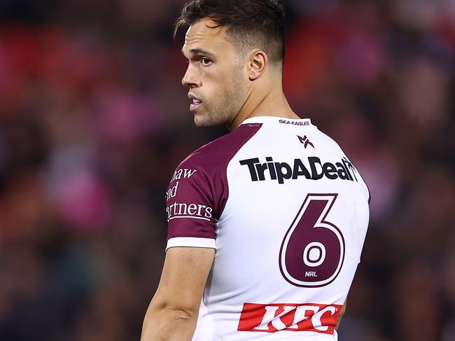 PENRITH, AUSTRALIA - JUNE 09: Luke Brooks of the Sea Eagles looks on dejected during the round 14 NRL match between Penrith Panthers and Manly Sea Eagles at BlueBet Stadium, on June 09, 2024, in Penrith, Australia. (Photo by Jeremy Ng/Getty Images)