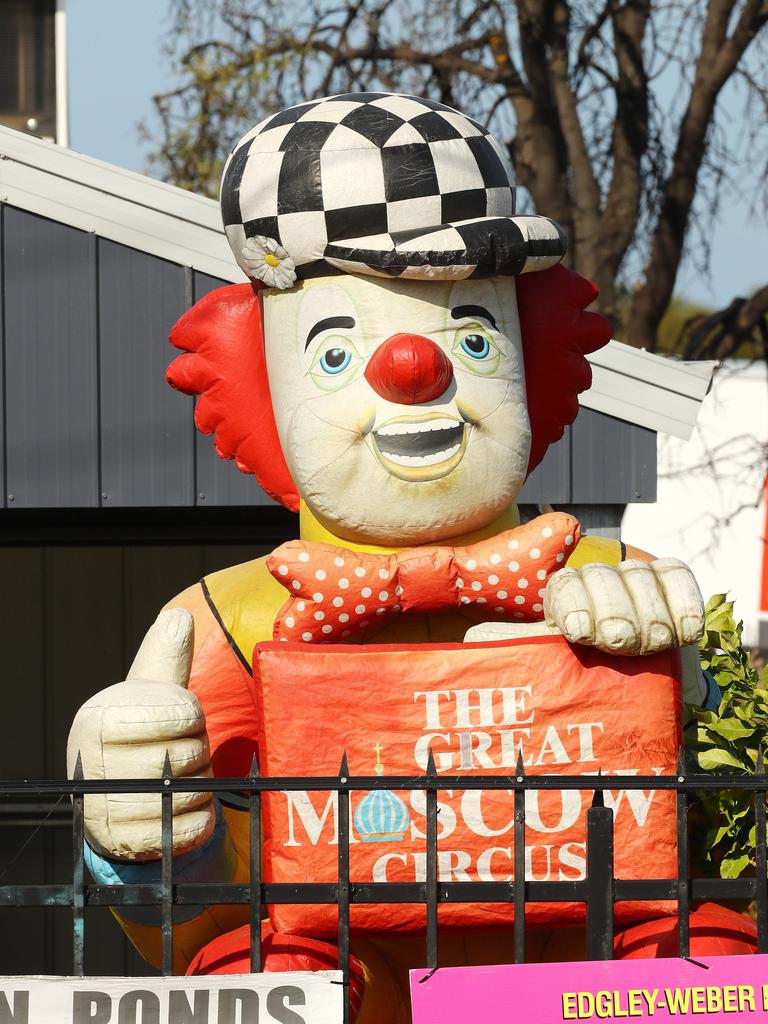 One of the dozens of Moscow Circus clowns outside Geelong properties. Picture: Alison Wynd