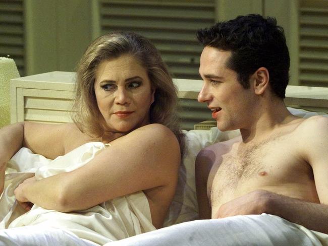 Matthew Rhys with Kathleen Turner and Kathleen Turner in the stage version of The Graduate. The actor says playing sex scenes is “difficult”. Picture: Supplied