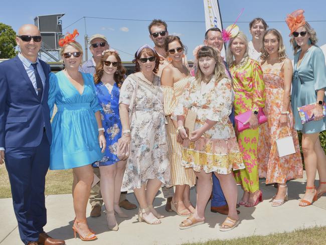 (From left) Shane, Alana, Sarah, Andrew, Leisa, Adam, Bella, Scott, Fiona, Declan, Georgia and Alex at Warwick Cup race day at Allman Park Racecourse, Saturday, October 14, 2023. Picture: Jessica Klein