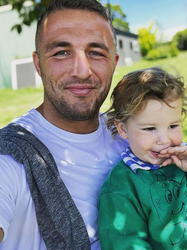 Sam Burgess and his son. Picture: Instagram